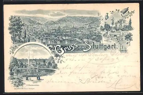 Lithographie Stuttgart, Gesamtansicht aus der Vogelschau, Eugensbrunnen, K. Residenzschloss