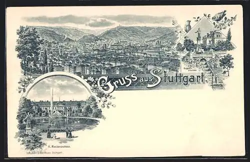 Lithographie Stuttgart, Gesamtansicht aus der Vogelschau, Eugensbrunnen, K. Residenzschloss