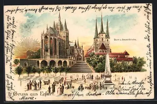 Lithographie Erfurt, Blick auf den Dom und die Severikirche