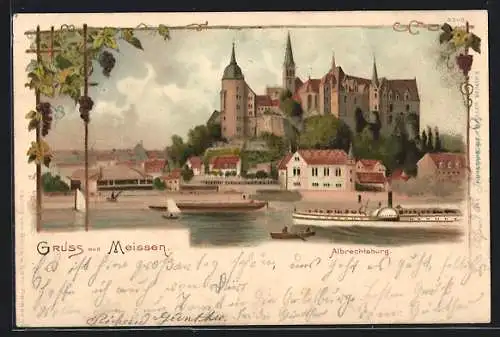 Lithographie Meissen, Albrechtsburg, Dampfer auf der Elbe