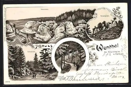 Lithographie Steinheim / Albuch, Schutzhütte, Steinhütte, Felsenmeer