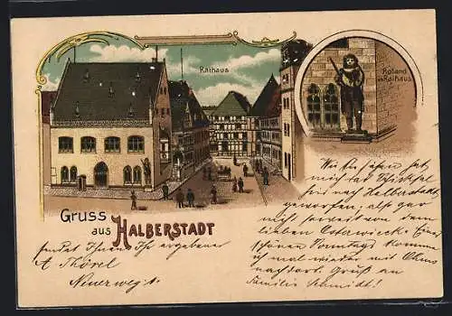 Lithographie Halberstadt, Rathaus mit Strassenpartie, Roland