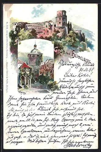 Lithographie Heidelberg, Schloss, Strassenpartie mit Tor