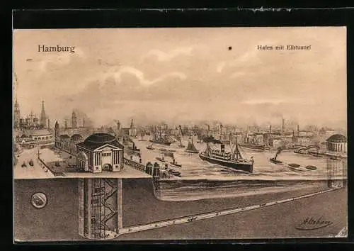 Künstler-AK A. Urban: Hamburg-St. Pauli, Hafen mit Elbtunnel