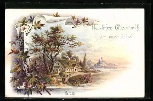 AK Herbstliche Landschaft mit Bäumen, Neujahrsgruss, Allegorie