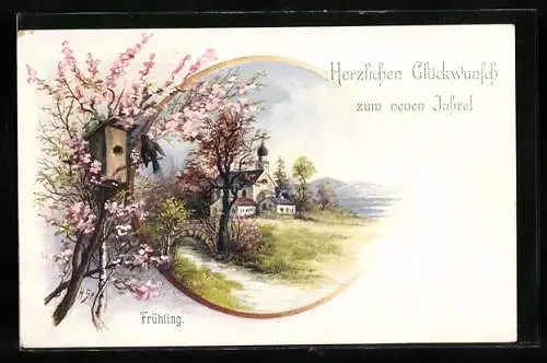 AK Kirche und Vogelhaus im Frühling, Neujahrsgruss, Allegorie