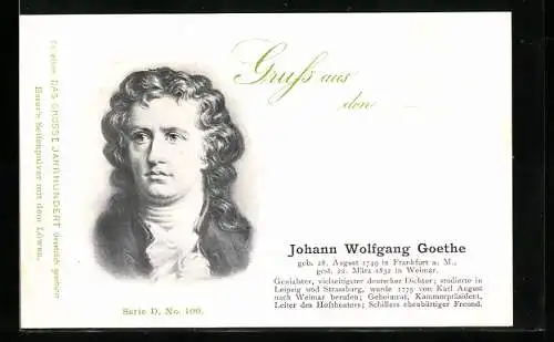 AK Portrait Schrifsteller Johann Wolfgang v. Goethe mit gelocktem Haar und Halsschleife