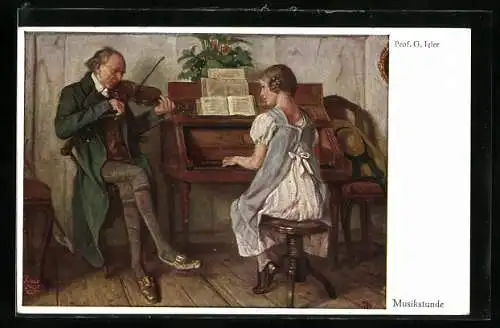 AK Musikstunde, Frua am Klavier und Herr mit Geige