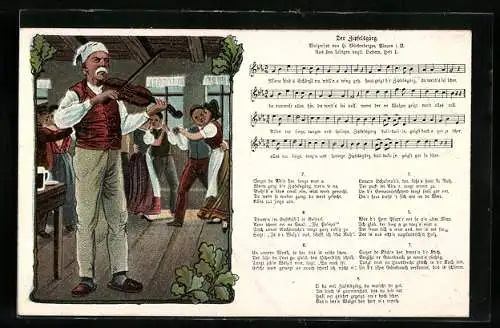 Lied-AK Hilmar Mückenberger: Der Zipfelsgörg, Mann spielt Geige und Pärchen tanzen