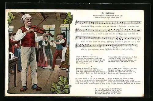 Lied-AK Hilmar Mückenberger: Der Zipfelsgörg, Mann spielt Geige und Pärchen tanzen