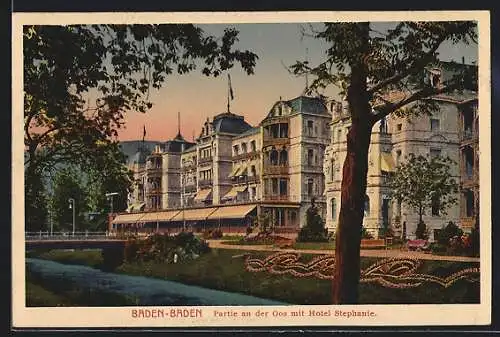 AK Baden-Baden, Partie an der Oos mit Hotel Stephanie