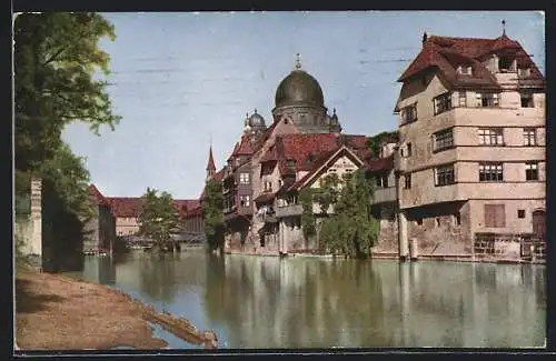 AK Nürnberg, an der Pegnitz mit Blick zur Synagoge