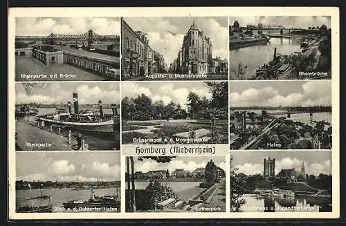 AK Homberg /Niederrhein, Augusta- und Moerserstrasse mit Geschäft, Lutherpark, Ruhrorter Hafen