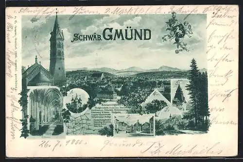 AK Schwäb. Gmünd, Heiligkreuzkirche, Gewerbemuseum, Stadtgarten, Kneippische Wasserheilanstalt