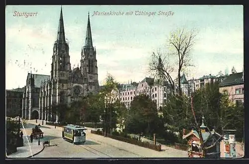 AK Stuttgart, Marienkirche und Tübinger Strasse mit Strassenbahn