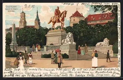 Lithographie Stuttgart, Kaiser Wilhelm I.-Denkmal, Neujahrsgruss