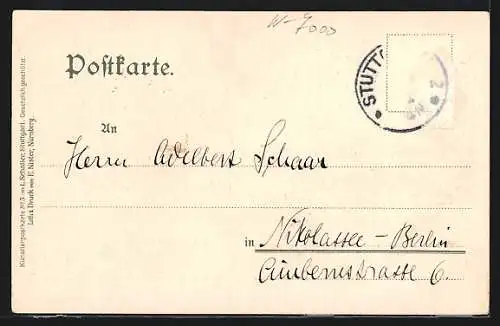 Lithographie Stuttgart, Kaiser Wilhelm I.-Denkmal, Neujahrsgruss