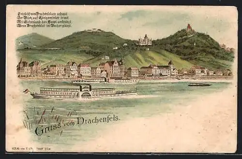 Lithographie Königswinter, Uferpartie u. Drachenfels mit Dampfer
