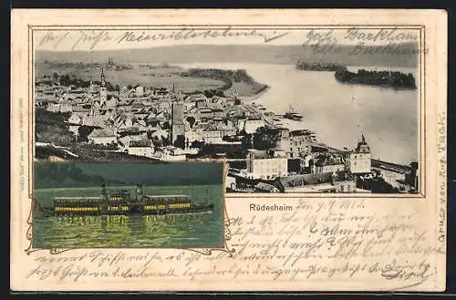 AK Rüdesheim am Rhein, Totalansicht, Dampfer