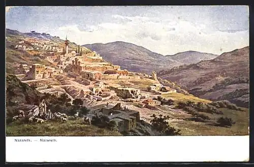Künstler-AK F.Perlberg: Nazareth, Teilansicht mit Schafen, Männer