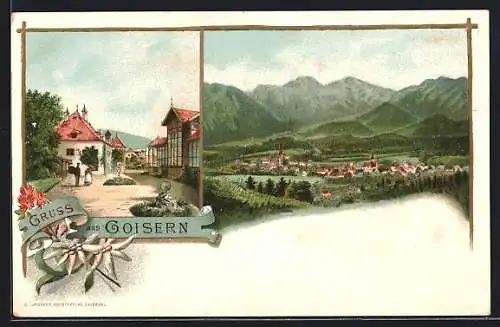 Lithographie Goisern, Ortspartie mit Anlagen, Gesamtansicht mit Bergpanorama und See