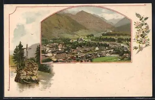 Lithographie Bad Ischl, Panorama im Bergtal, Kreuzstein