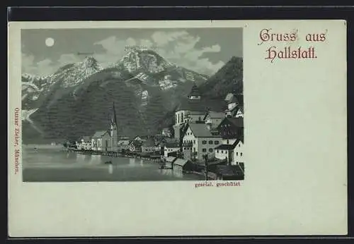 Lithographie Hallstatt, Teilansicht mit See, Kirche, Zwölferkogel und Hirlatz