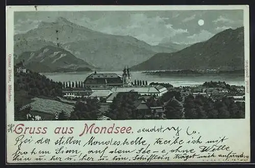 Lithographie Mondsee, Panorama mit Ort und See