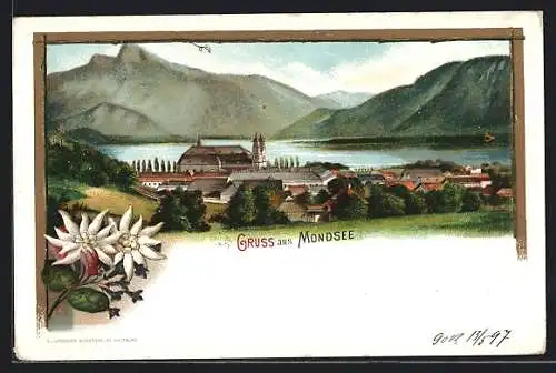 Lithographie Mondsee, Gesamtansicht, Edelweiss