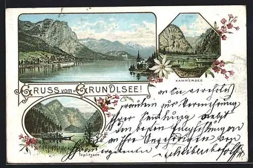 Lithographie Grundlsee, Teilansicht, Kammersee, Toplitzsee mit Boot