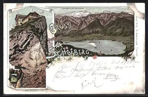 Lithographie Schafberg, Hotel, Dachstein, Bergbahn