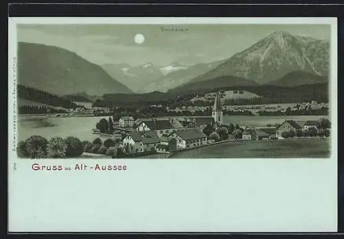 Mondschein-Lithographie Alt-Aussee, Ortsansicht gegen die Berge