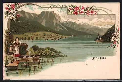 Lithographie Grundlsee, Frau und Mann auf dem Steg am See, mit Bergpanorama