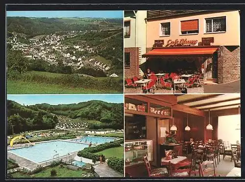 AK Waxweiler, Das Café Blume mit Innenansicht, Luxemburgerstr. 21, das Freibad, Gesamtansicht