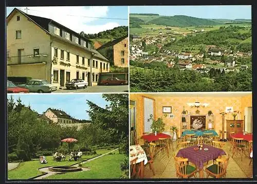 AK Waxweiler /Bitburg-Prüm, Gasthaus-Pension Schomer mit Innenansicht, Parkpartie, Gesamtansicht