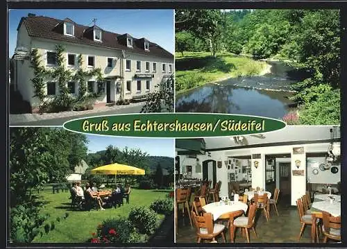 AK Echtershausen /Südeifel, Gasthaus-Pension Kranz mit Innenansicht und Gartenpartie, Flusspartie