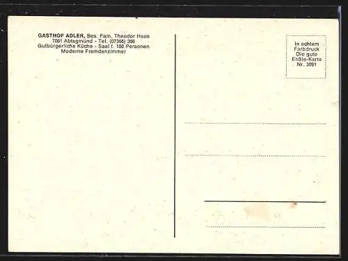 AK Abtsgmünd, Der Gasthof Adler v. Fam. Theodor Haas, mit Innenansichten