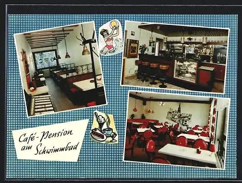 AK Waxweiler, Café-Pension am Schwimmbad mit Innenansicht