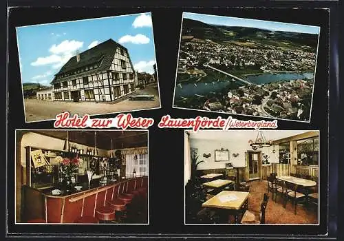 AK Lauenförde /Weserbergland, Das Hotel Zur Weser v. A. Assmann, Ortsansicht mit der Weserbrücke