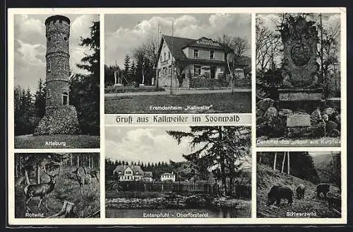 AK Kallweiler im Soonwald, Fremdenheim und Gasthaus Kallweiler v. Jakob Kehrein, Alteburg, Denkmal des Jägers