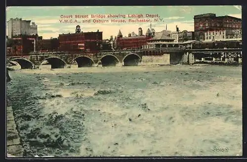 AK Rochester, NY, Court Street Bridge showing Lehigh Depot, YMCA, and Osburn House