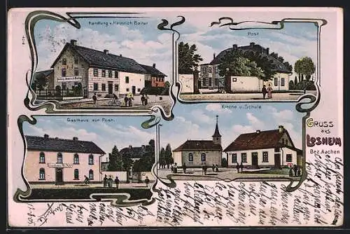 Lithographie Losheim /Bez. Aachen, Gasthaus zur Post, Kirche u. Schule