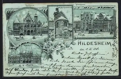 Winter-Lithographie Hildesheim, Bahnhof, Rathaus im Mondschein, 100jähr. Rosenstock