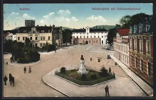 AK Aalen, Bahnhofplatz mit Schubartdenkmal aus der Vogelschau
