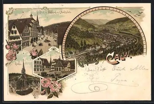 Lithographie Calw, Rathhaus mit Marktplatz, Nicolauskapelle, Kirche, Gesamtansicht