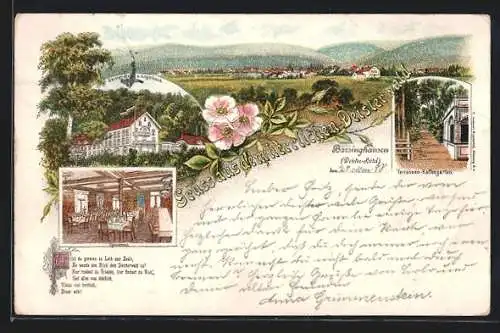 Lithographie Barsinghausen, Deister-Hotel mit Saal und Garten, Ortspanorama mit Bergen