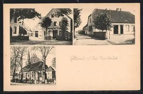 AK Glandorf, Thieplatz mit Gasthof, Mädchenschule mit Strasse, Kirche