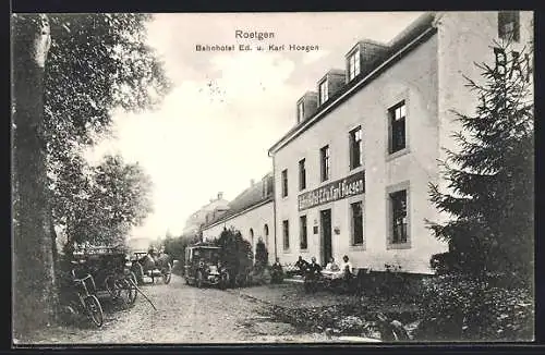 AK Roetgen, Bahnhotel E. u. K. Hoegen mit Strasse, Autobus, Fahrrad