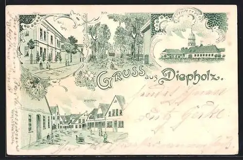 Lithographie Diepholz, Hotel Gerke mit Strasse, Langestrasse, Schloss