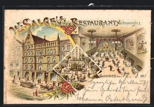 Lithographie Hannover, W. Salges Restaurant, Normannstrasse 1, mit Saal, Hof und Strassenbahn